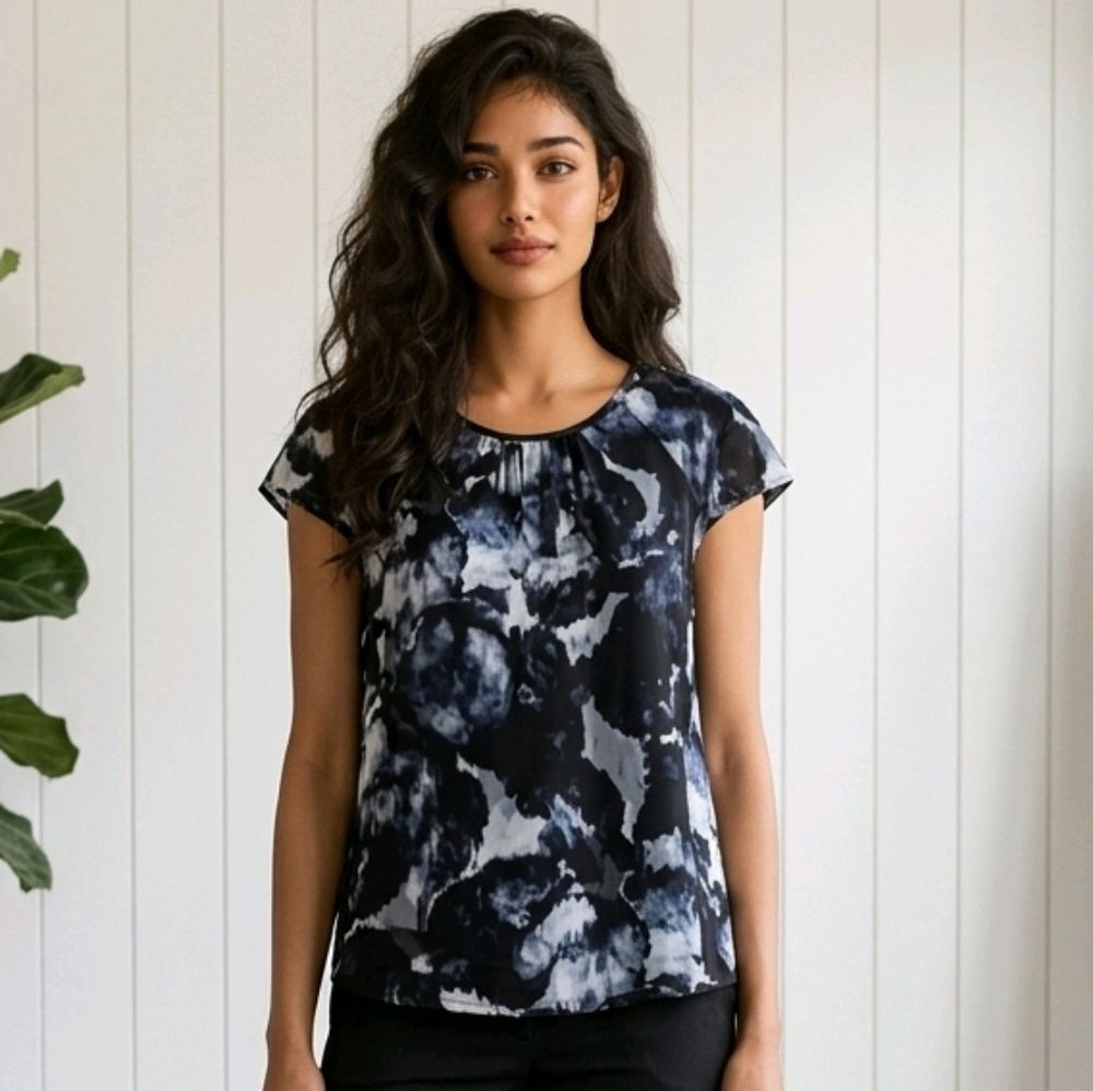 Simply Vera Wang Blouse XS Abstract Print Tulle Trim Designer Top Wearable Art